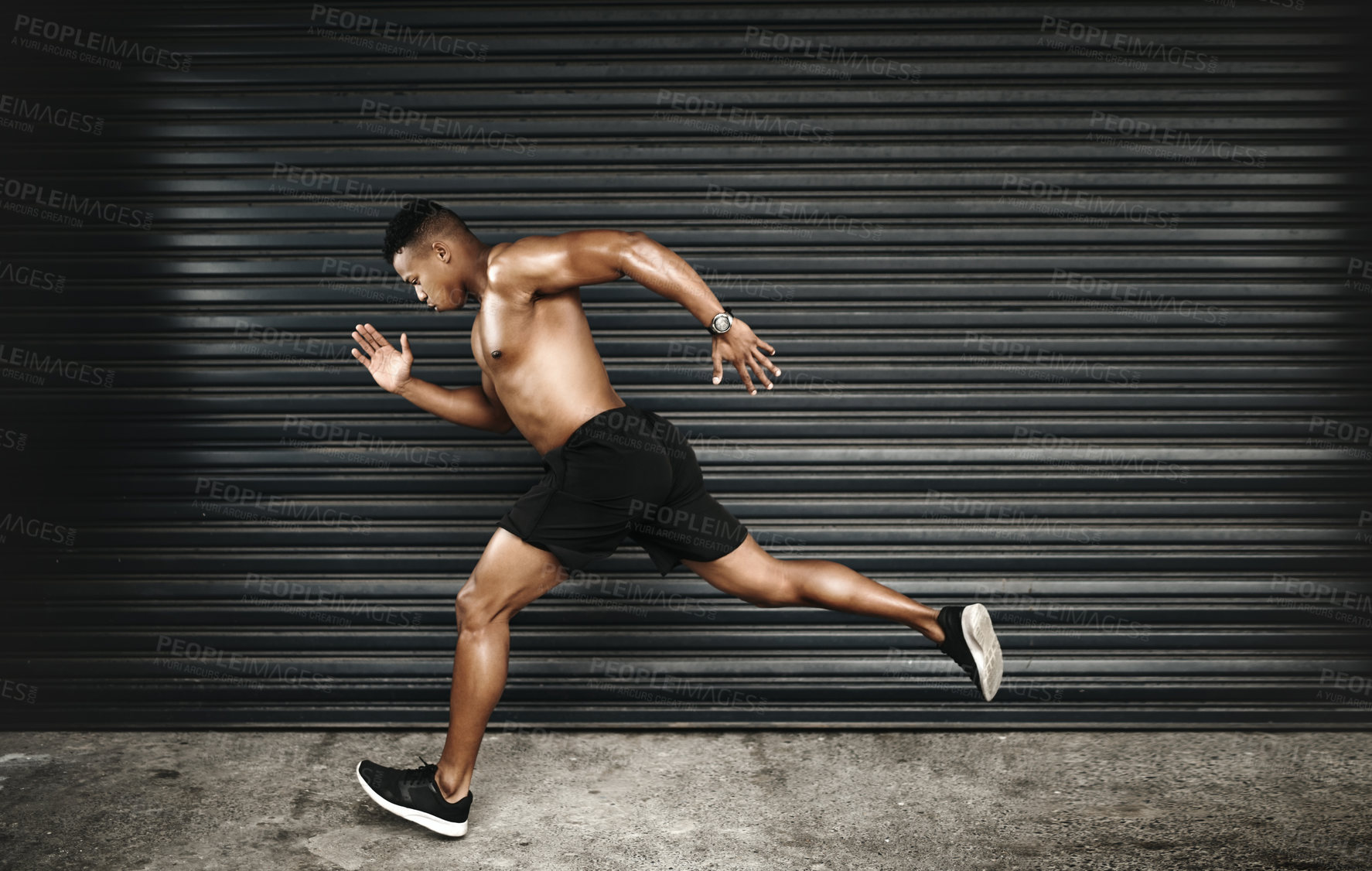 Buy stock photo Shirtless, African man or run at speed, fitness or vision of exercise, energy or thinking of health. Fast, muscular or male runner as planning, idea or dream of cardio, training or power performance