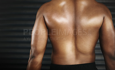 Buy stock photo Rear view, person and back for muscular, fitness and physical strength for workout and bodybuilding. Body, exercise and skin for wellness or ripped for health, gym or active for closeup on mockup  
