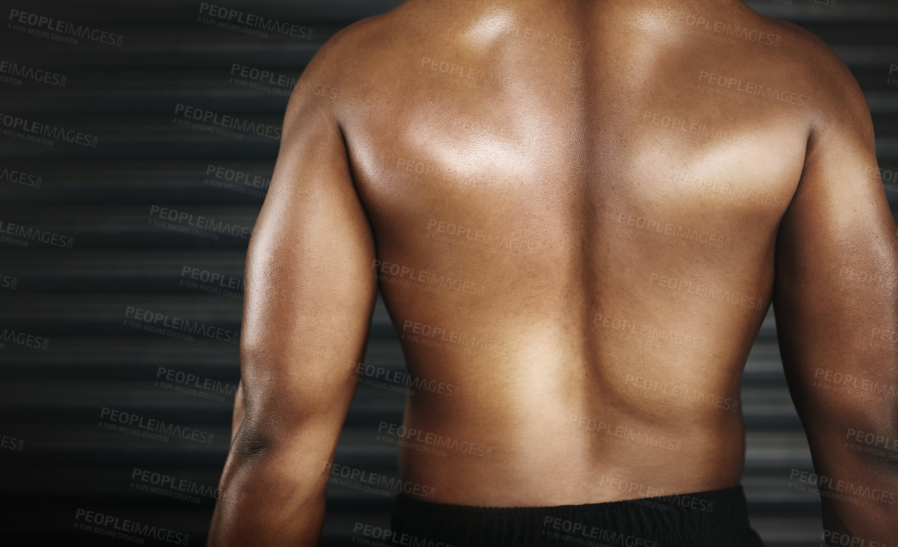 Buy stock photo Rear view, person and back for muscular, fitness and physical strength for workout and bodybuilding. Body, exercise and skin for wellness or ripped for health, gym or active for closeup on mockup  