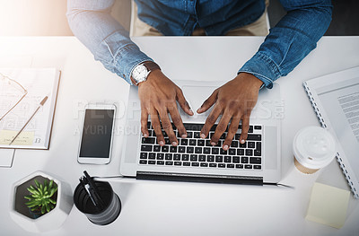Buy stock photo Business man, working hands and laptop typing of a creative employee with lens flare at desk. From above, employee and digital writing of a web worker on online app and keyboard for a tech design