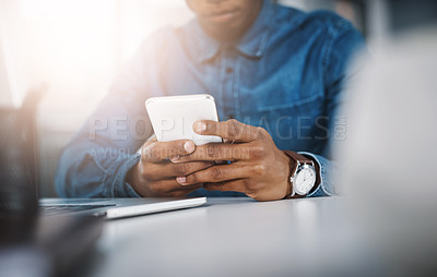 Buy stock photo Office, hands and man with smartphone, typing and check email for schedule and online reading for company website. Person, journalist or worker with cellphone and social media with research for story