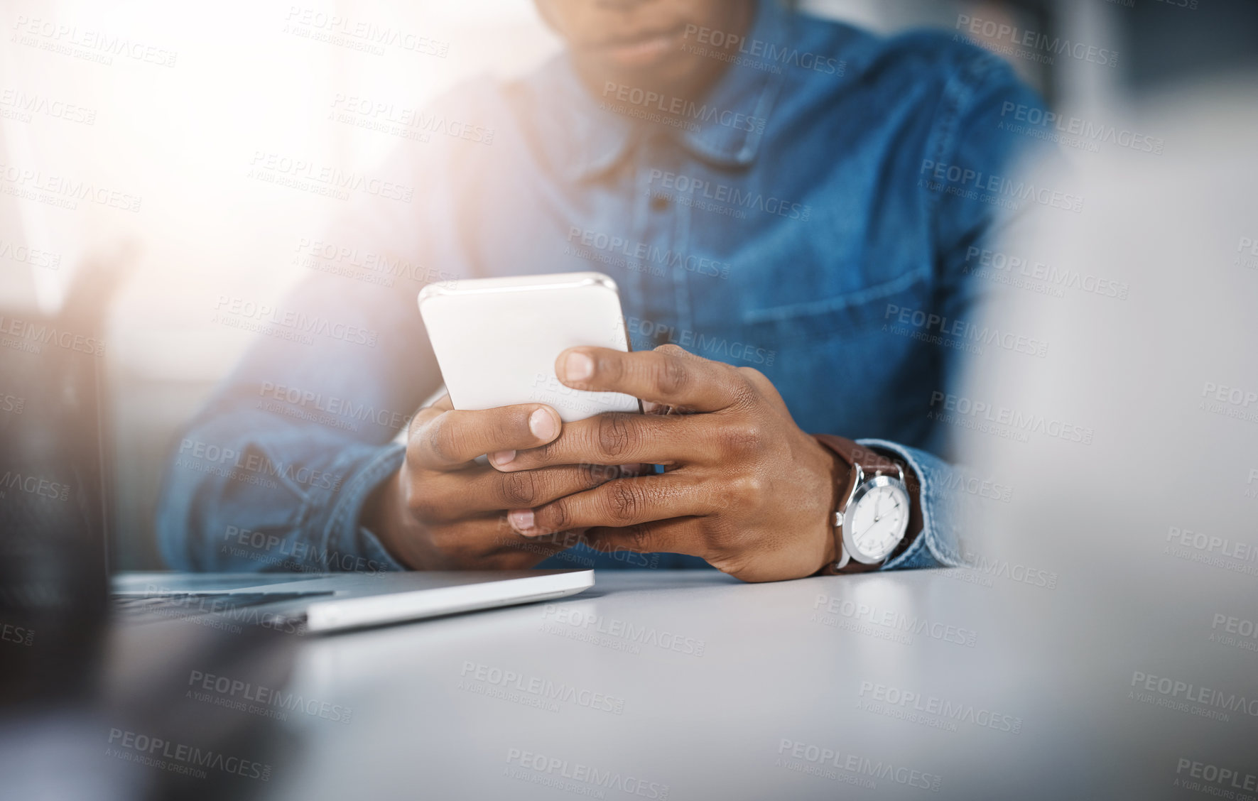 Buy stock photo Office, hands and man with smartphone, typing and check email for schedule and online reading for company website. Person, journalist or worker with cellphone and social media with research for story