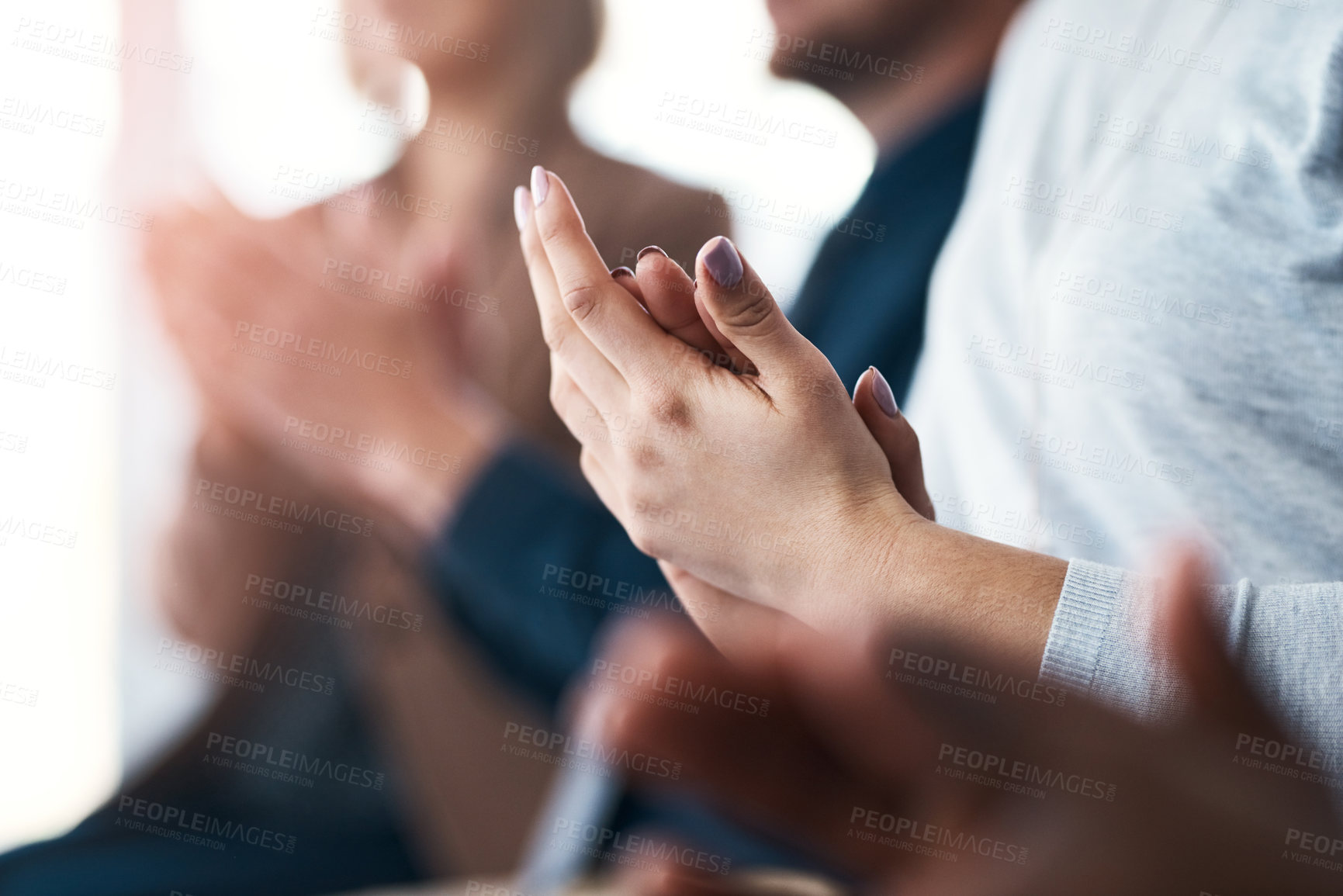 Buy stock photo Applause, success and teamwork with hands of business people for support, seminar and celebration. Wow, winner and target with closeup of audience clapping for goal, motivation and agreement