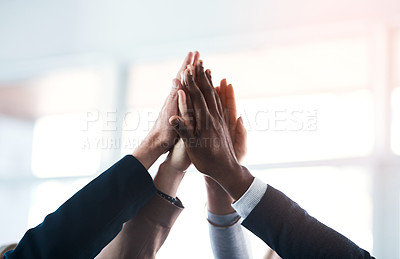 Buy stock photo High five, colleagues and their hands together for their achievement with lens flare. Collaboration or team, group of businesspeople for support and friends with hand for cooperation or goal