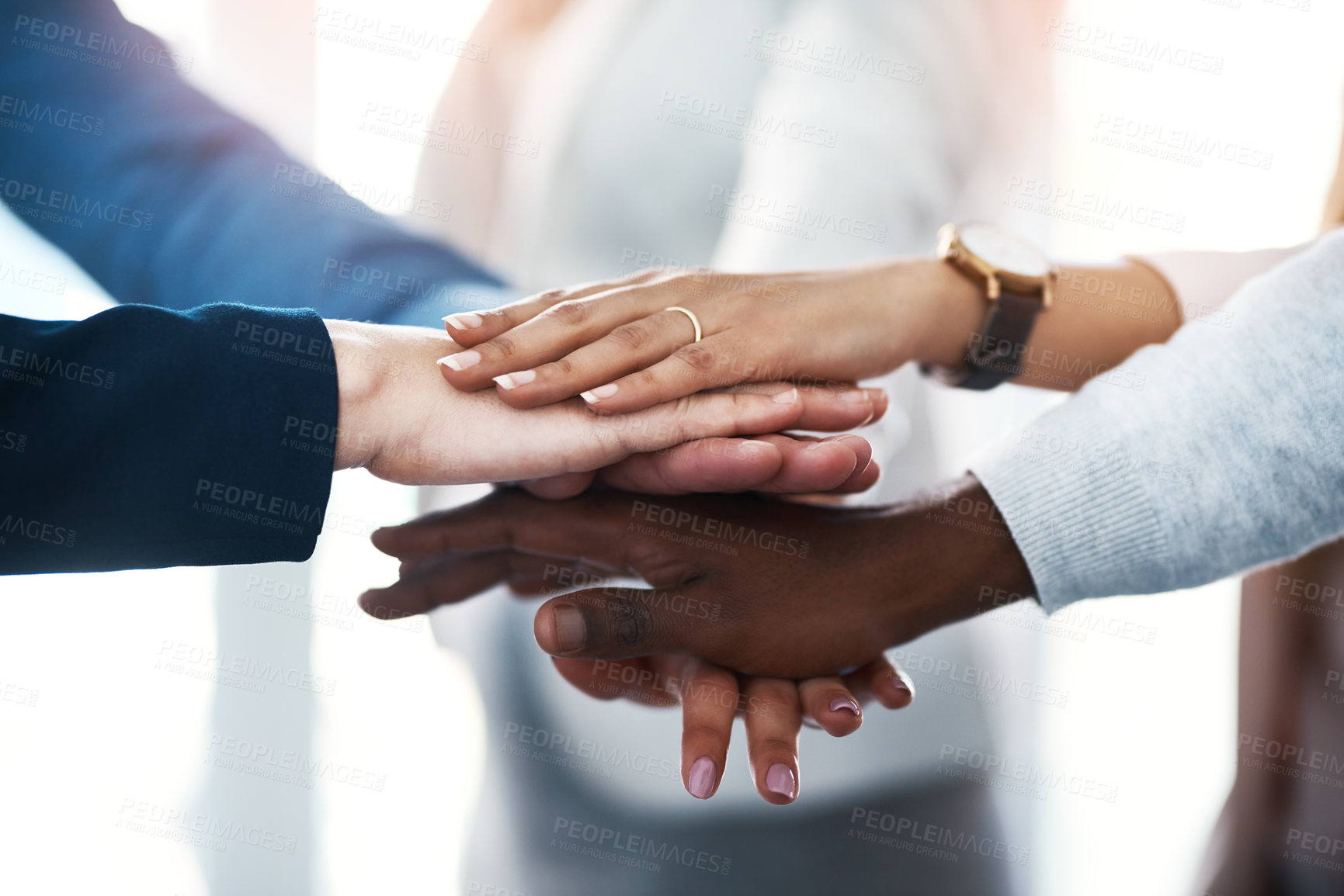 Buy stock photo Business people, hands and stack in office for support, synergy and positive reinforcement. Teamwork, colleagues and gesture in workplace for cooperation, agreement or corporate project collaboration