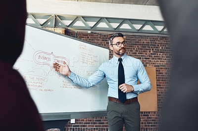 Buy stock photo Whiteboard, mentor or businessman in presentation for teaching, problem solving or solution in meeting. Manager, workshop or leader talking in team training, coaching class or learning opportunity