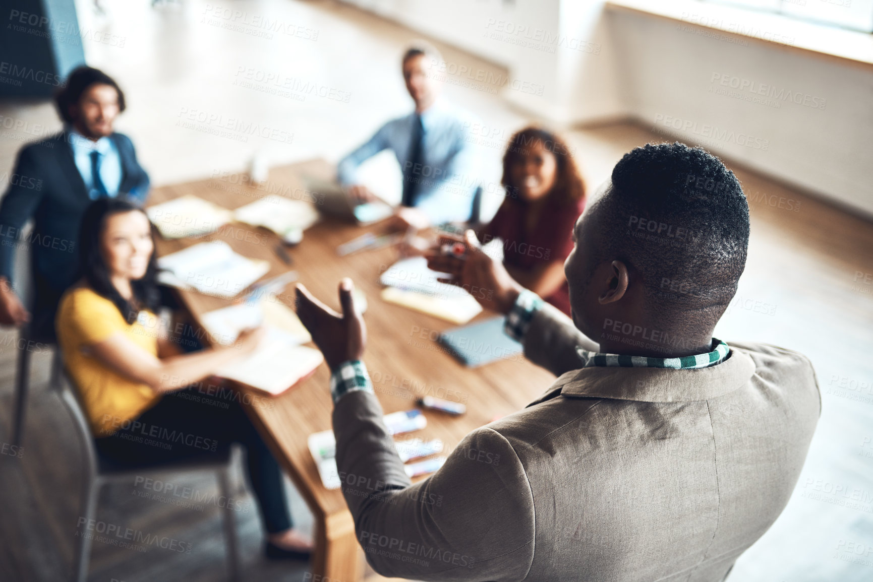 Buy stock photo People, leader or manager in presentation for teaching, questions and skill development in meeting. Back, business workshop or speaker talking in team training, coaching class or learning opportunity