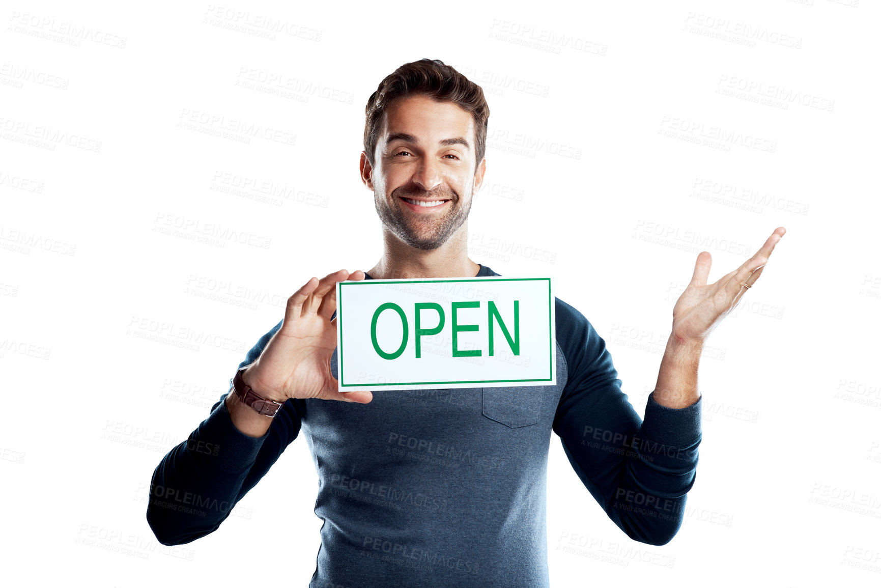 Buy stock photo Happy man, portrait and open sign with offer for business, startup or career on a white studio background. Young, male person or model with smile in joy for advertising, marketing or good service