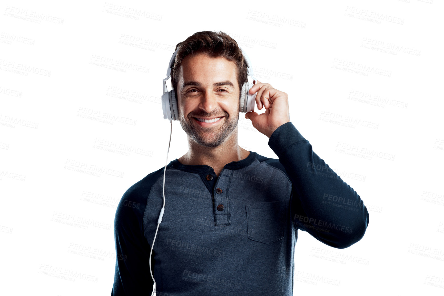 Buy stock photo Man, happy and headphones for music in studio on white background for playlist and streaming platform. Male person, portrait and smile with confidence for entertainment, fun and enjoy for audio sound