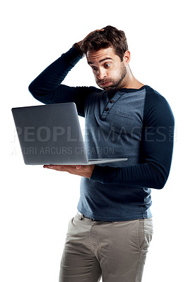 Buy stock photo Frustrated, stress and man in studio with laptop, connection problem or system failure for cryptocurrency. Online scam, email and web trader with software glitch, network crisis and white background