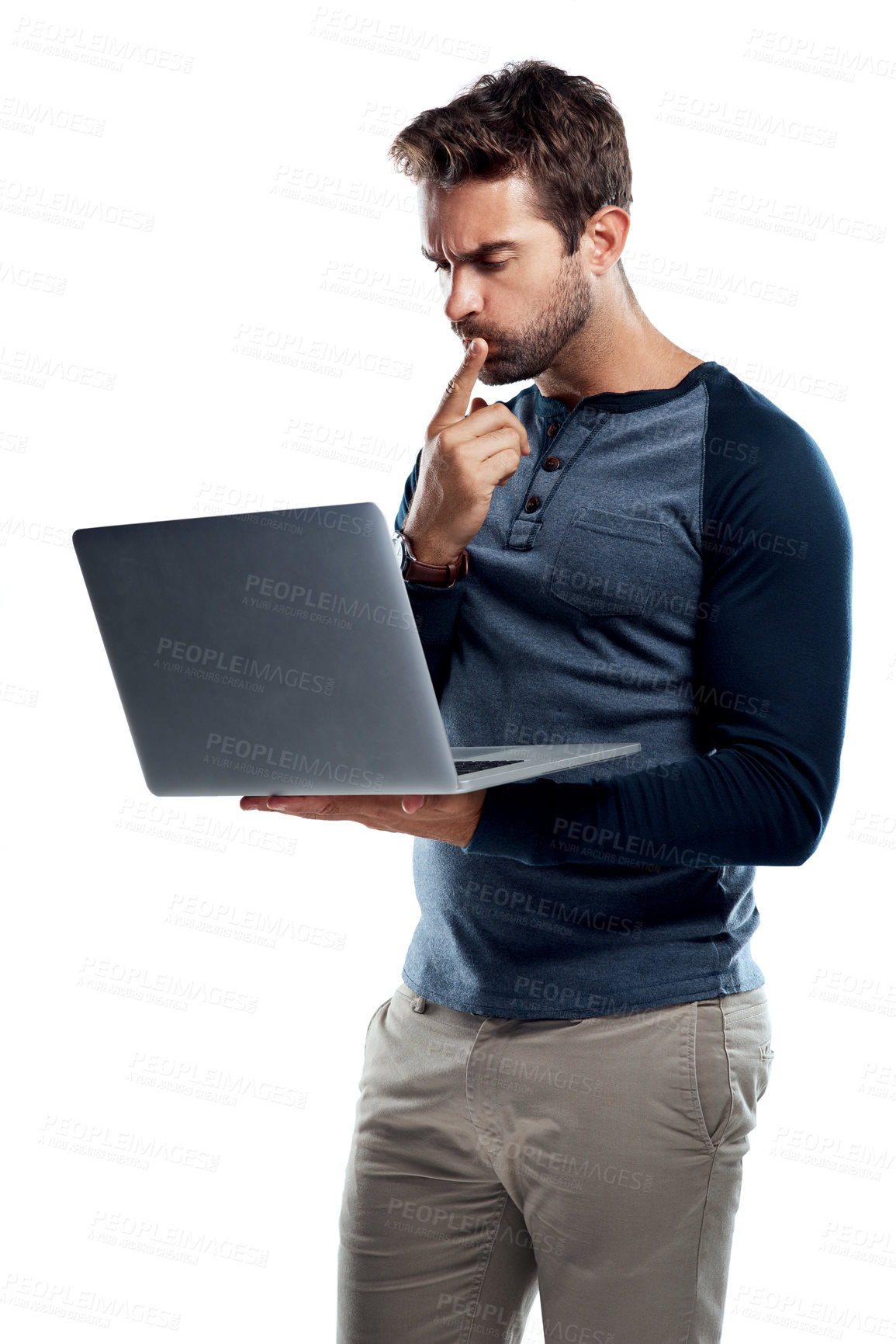 Buy stock photo Confused, doubt and man in studio with laptop, connection problem or thinking to remember password. News, email and web designer with online ideas, business plan or brainstorming on white background