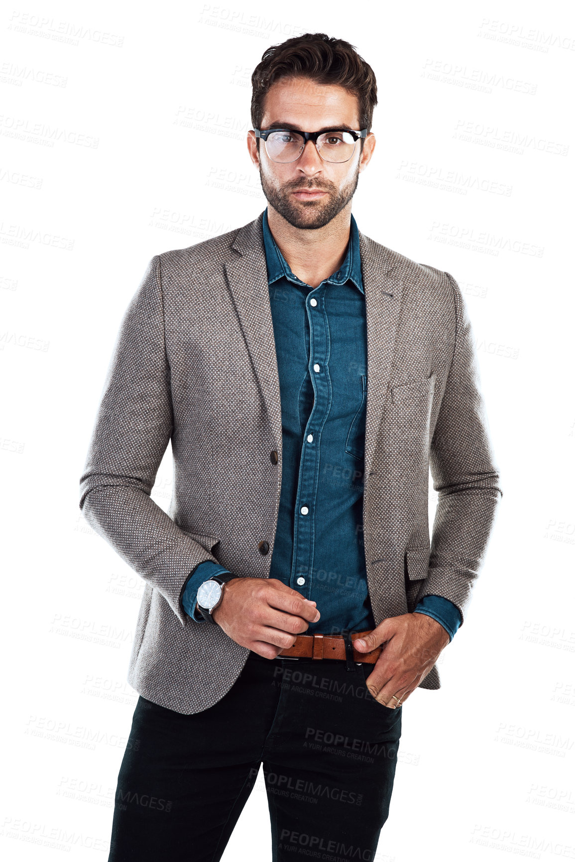 Buy stock photo Serious, businessman and portrait with eyewear in studio for corporate clothes, fashion and pride. Employee, confident and worker with glasses for professional, outfit and style by white background