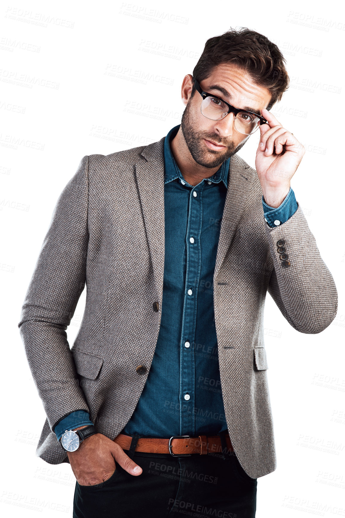 Buy stock photo Professional, businessman and portrait with glasses in studio for corporate fashion, clothes and pride. Employee, eyewear and worker with confidence for classy, style and outfit by white background