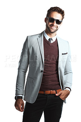 Buy stock photo Businessman, smile and portrait with fashion in studio for corporate clothes, sunglasses and style. Employee, eyewear and happy with confidence for professional, outfit and classy by white background