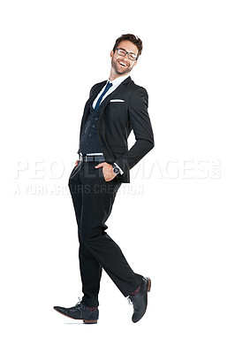 Buy stock photo Studio shot of a handsome young businessman posing against a white background