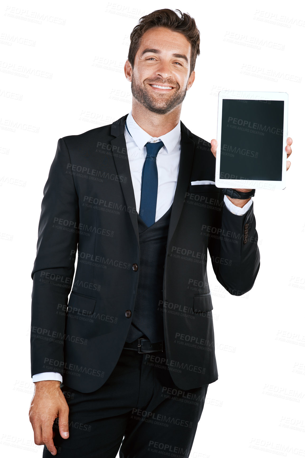 Buy stock photo Studio, businessman and portrait with tablet mockup for advertising, coming soon and product marketing. Career, sales person and promotion with tech screen for branding, decision and white background