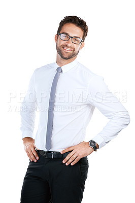 Buy stock photo Studio shot of a handsome young businessman posing against a white background