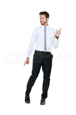 Buy stock photo Happy, dance and business man in studio with smile, success and professional achievement. Growth, pride and businessman with excited celebration, confidence or winning opportunity on white background