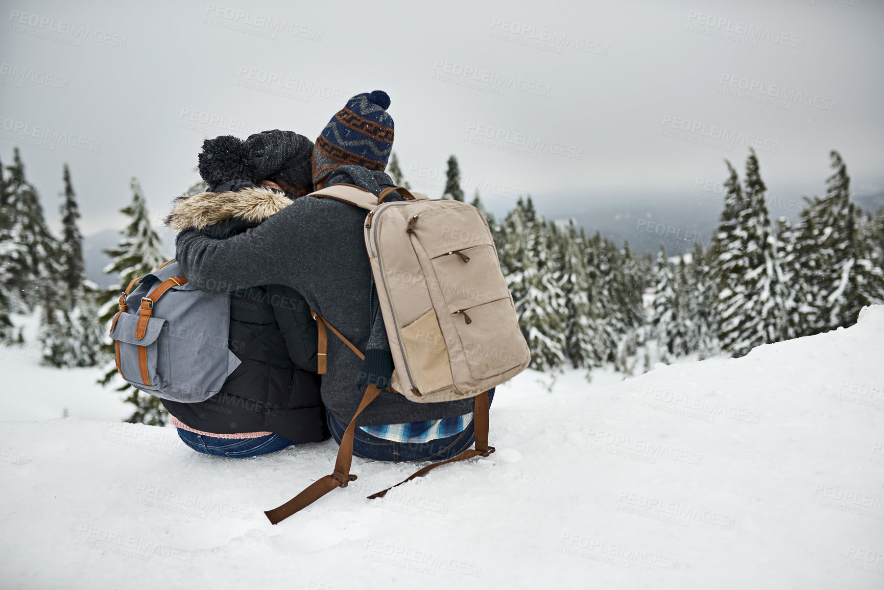 Buy stock photo Rearview shot of a couple admiring the snowy view