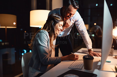 Buy stock photo Night, writing or business people on computer for coaching in office for teamwork, partnership or collaboration. Learning, education and editor teaching woman editing for feedback, review or project 