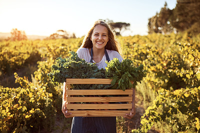 Buy stock photo Cropped portrait of an attractive young woman holding a crate full of freshly picked produce on a farm