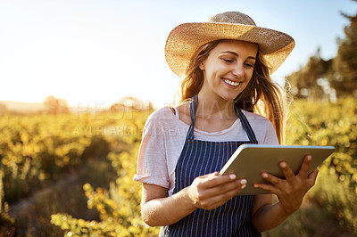 Buy stock photo Cropped shot of an attractive young woman using a digital tablet on a farm