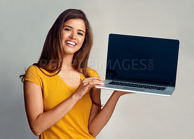 Buy stock photo Portrait, woman and laptop for advertising, smile for promotion and isolated on white background. Computer, digital marketing and wireless connection for tech presentation and network in studio