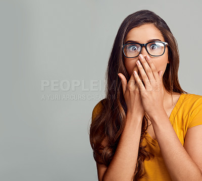 Buy stock photo Gossip mockup, shock or portrait of woman for announcement space in studio on grey background. Wow, fake news or scared female person with surprise, secret or omg reaction with hands to cover mouth