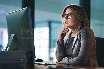 Buy stock photo Computer, problem solving and business woman in office working late on project at night alone. Desktop, professional and female person thinking, focus or solution, planning and reading on deadline.
