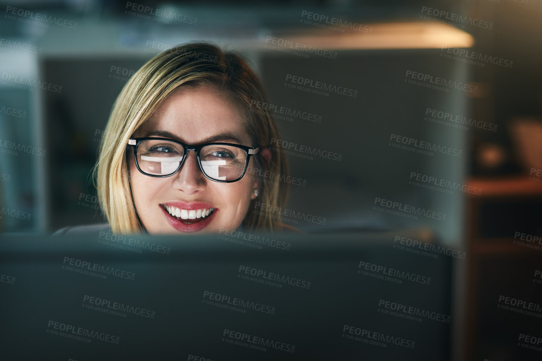 Buy stock photo Reading, reflection and glasses of business woman in office for typing email, planning and working overtime. Professional, career and receptionist for administration, research and information on pc