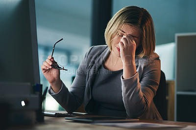 Buy stock photo Pain, headache and business woman in office, tired or fatigue while working late at night on computer. Burnout, migraine and female person with depression, anxiety or brain fog, stress and deadline.