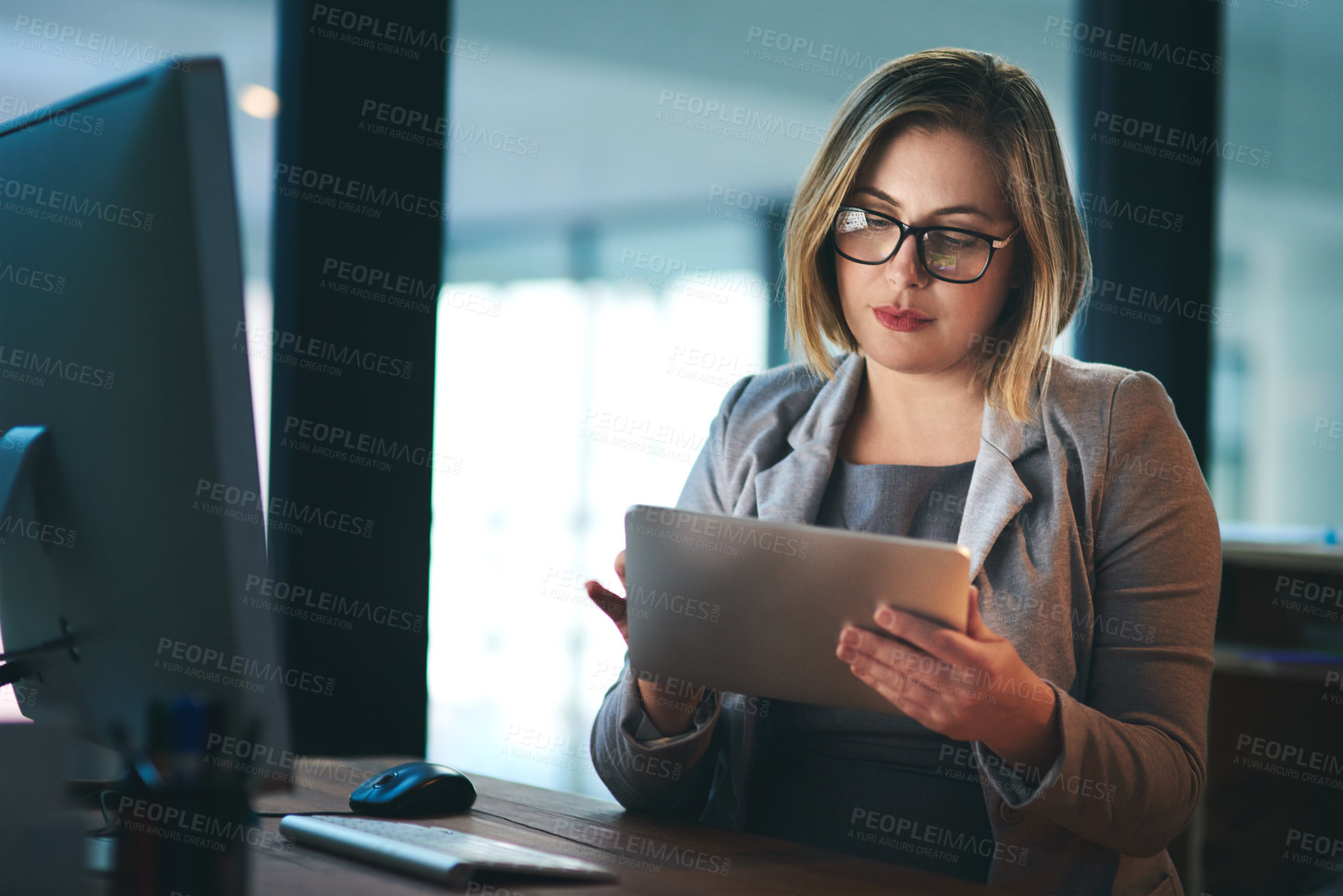 Buy stock photo Business, scroll and woman with tablet, computer and planning for legal project, brainstorming and research. Lawyer, consultant and employee with pc, technology and office with idea for case notes