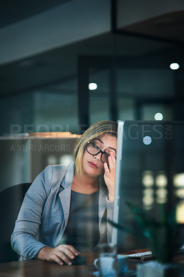 Buy stock photo Frustrated woman, headache and night with computer in stress, fatigue or burnout at office. Tired female person or business employee working late with migraine, strain or depression at workplace