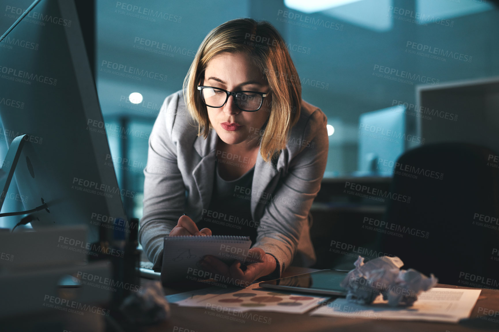 Buy stock photo Business, night and woman with tablet, computer and research for legal project, brainstorming and internet. Lawyer, overtime and employee with pc, technology and website with idea for case notes