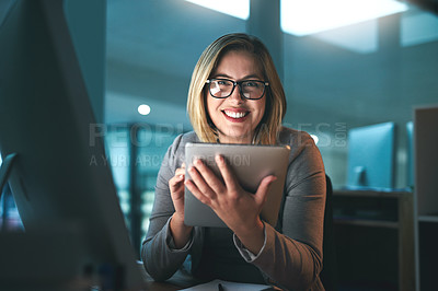 Buy stock photo Woman, employee and smile with tablet in office for internet, online and research for ideas. Female person, happy and portrait in confidence for career or job opportunity, growth and proud as hr