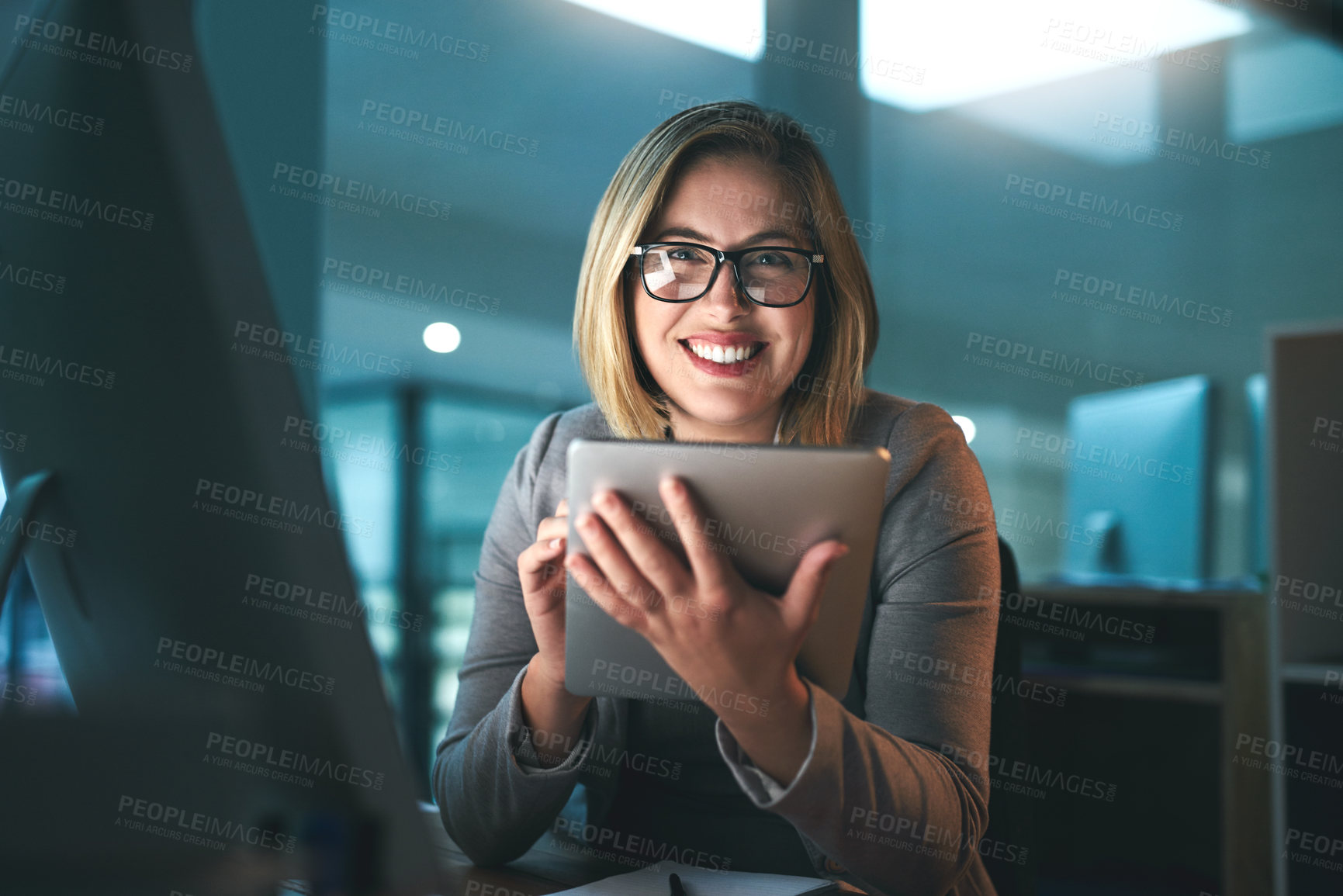 Buy stock photo Woman, employee and smile with tablet in office for internet, online and research for ideas. Female person, happy and portrait in confidence for career or job opportunity, growth and proud as hr