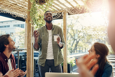 Buy stock photo Businessman, coffee and laughing with applause for team building, meeting or discussion at outdoor cafe. Young man, coach or happy group of employees clapping for promotion or proposal at restaurant