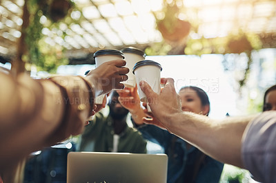 Buy stock photo Collaboration, cheers and team with coffee in a meeting or discussion for a creative project in a cafe. Diversity, goals and professional employees with a latte for a toast to celebrate in restaurant