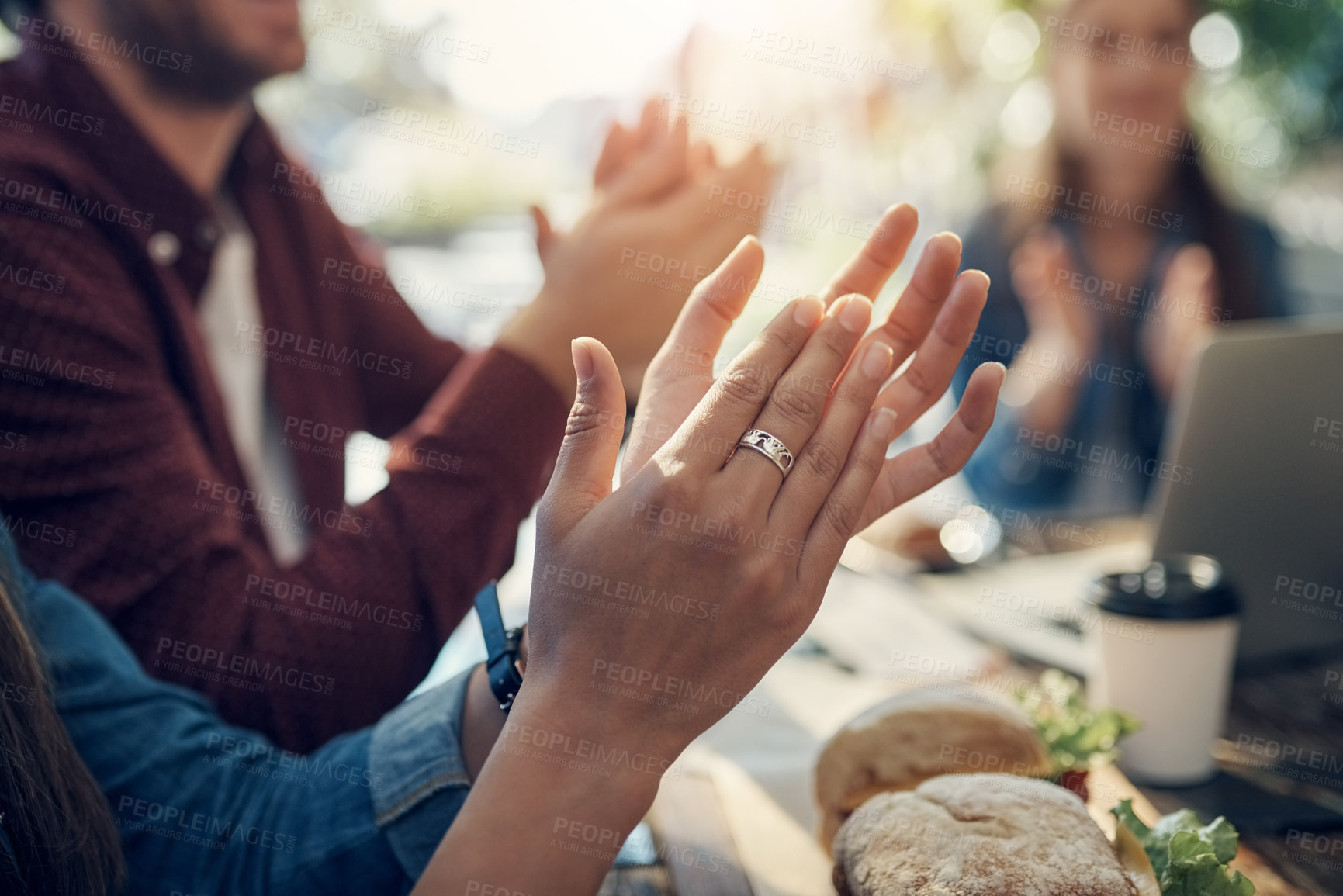 Buy stock photo Cropped shot of a group of unrecognizable creative employees clapping outdoors