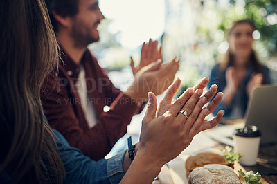Buy stock photo Cropped shot of a group of unrecognizable creative employees clapping outdoors