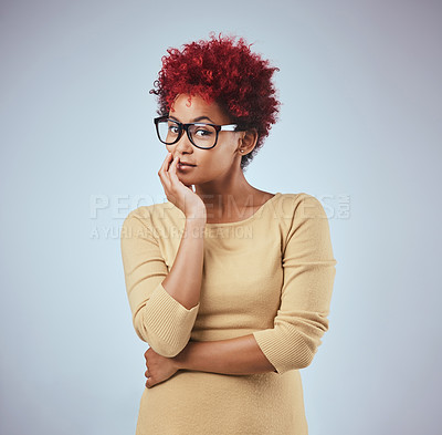 Buy stock photo African woman, portrait and glasses with casual, modern and hipster fashion in studio. Idea, eyewear and frames of a person from Zimbabwe with trendy, minimalist and basic style with grey background