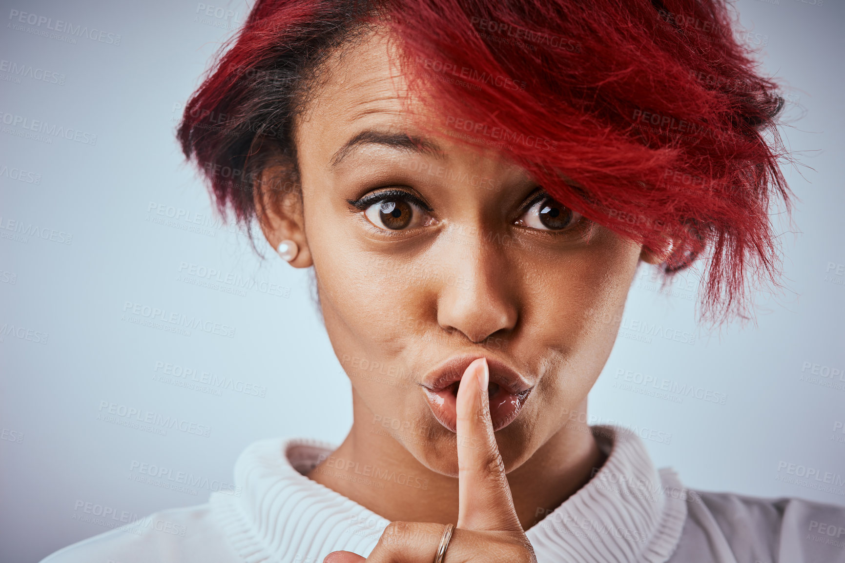 Buy stock photo Secret, finger and portrait of woman in studio for gossip, silence and privacy for confidential news. Gesture, facial expression and isolated person for shh, whisper and noise on white background