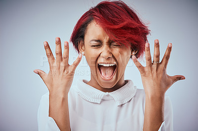 Buy stock photo African woman, screaming and hair care in studio for mistake, texture and cosmetics with red dye. Girl, shouting and frustrated on gray background for hairdresser crisis, salon or transformation fail