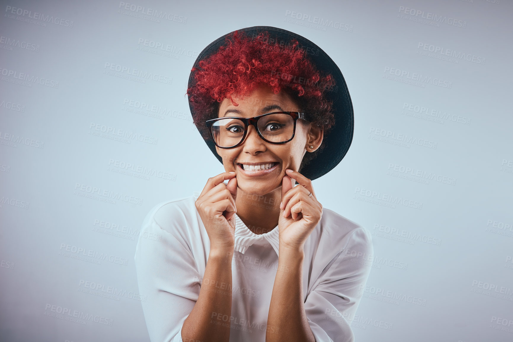 Buy stock photo African woman, silly and smile portrait with fashion and hipster style with excited and happy emoji face gesture. Studio, glasses and trendy eyewear with minimalist clothes with grey background