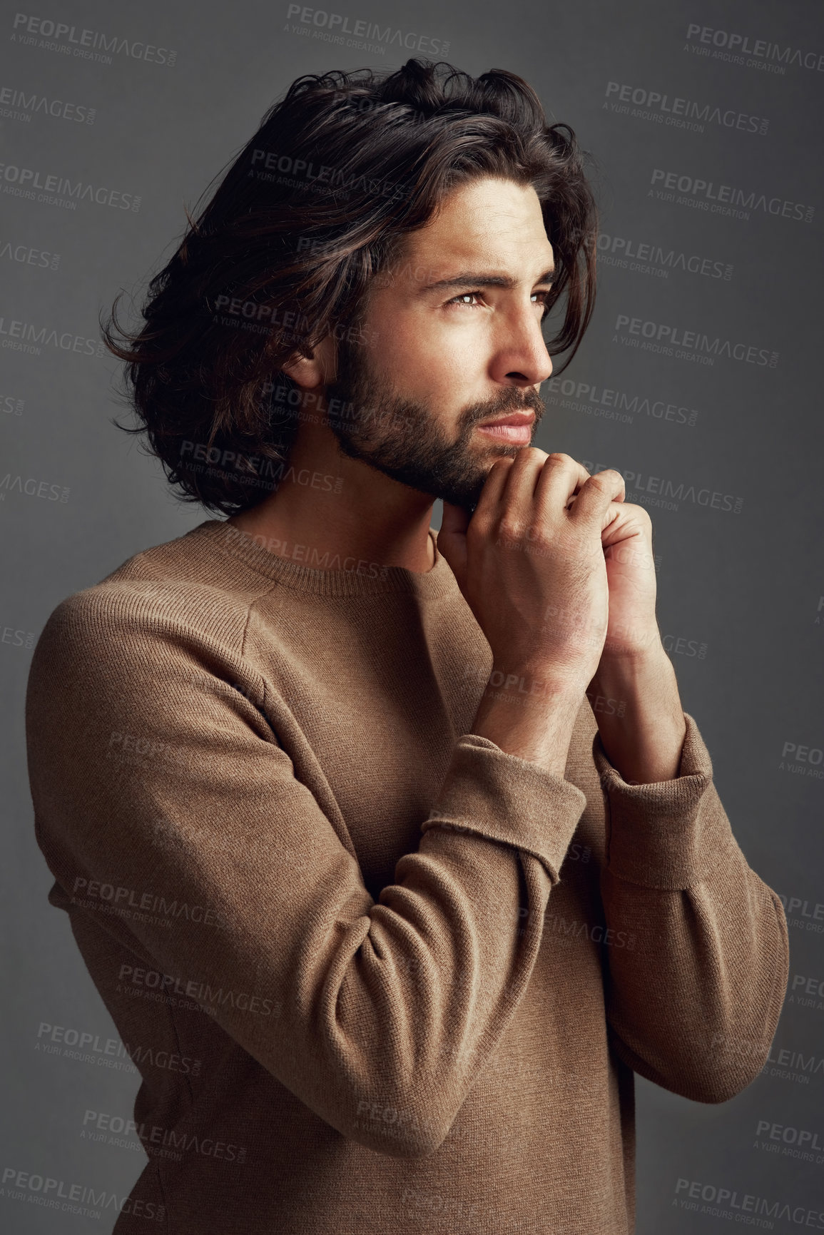 Buy stock photo Gratitude, man and praying with trust, religion and person on grey studio background. Believe, model and guy with peace, guidance or wellness with worship, faith or spiritual with hope or mindfulness