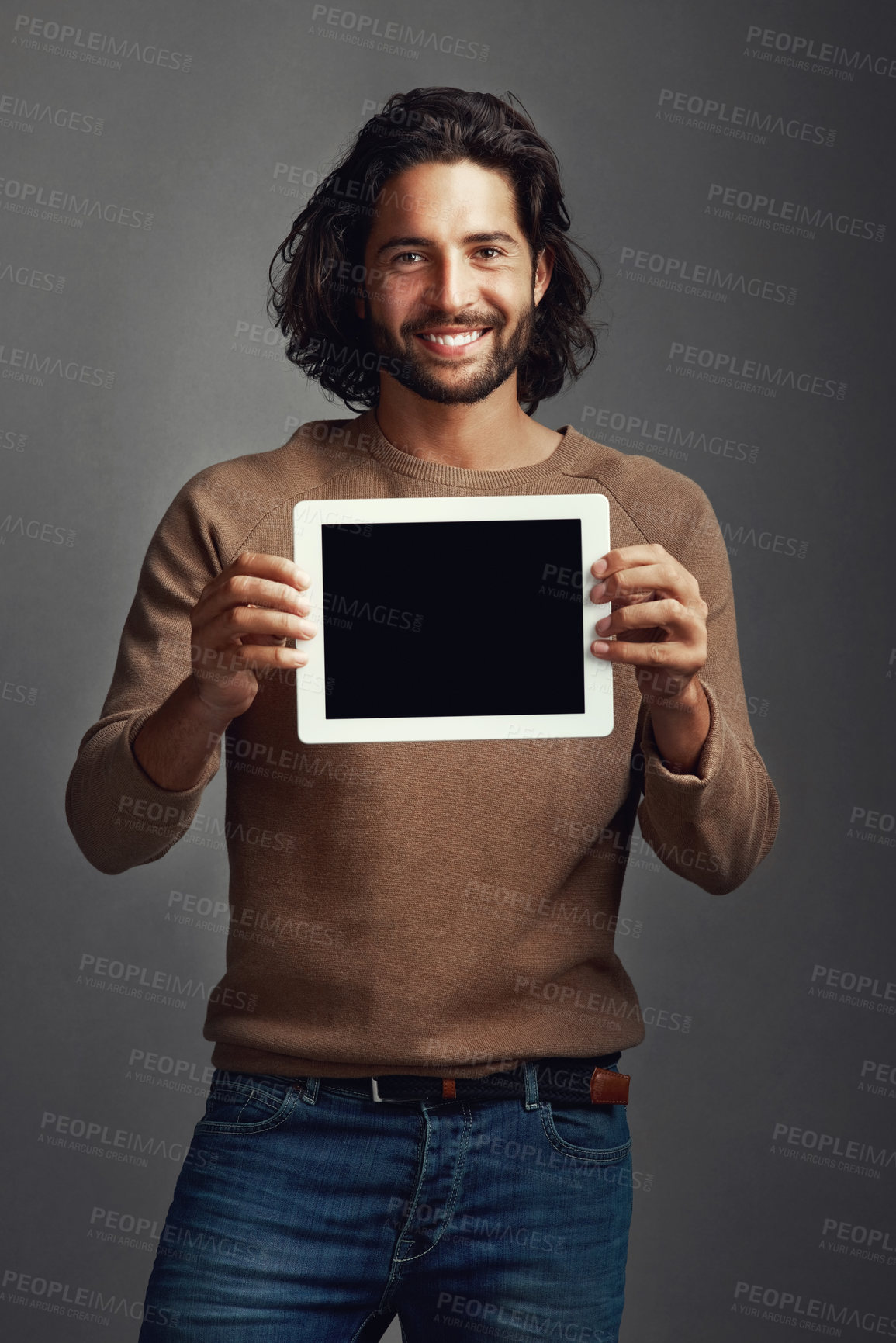 Buy stock photo Portrait, tablet screen and smile of man with mockup in studio isolated on a gray background. Touchscreen, face and male person with marketing, advertising and technology for commercial promotion.