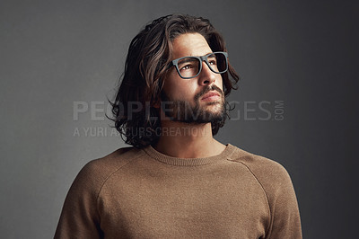 Buy stock photo Man, thinking and vision with brainstorming, planning and person on grey studio background. Choice, mockup space and model with thoughts, wonder and inspiration with questions, emoji and solution