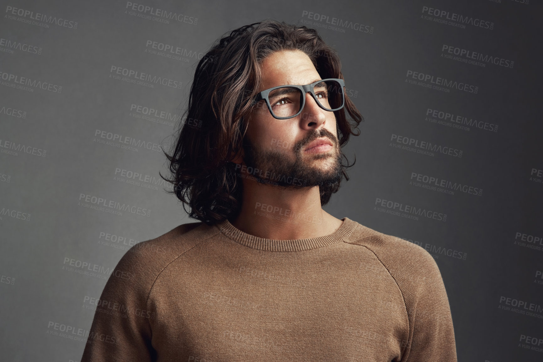 Buy stock photo Man, thinking and vision with brainstorming, planning and person on grey studio background. Choice, mockup space and model with thoughts, wonder and inspiration with questions, emoji and solution