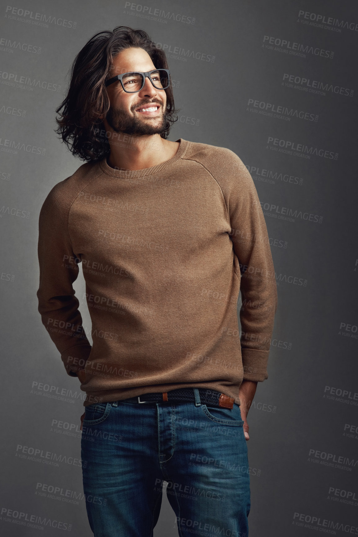 Buy stock photo Man, thinking or glasses on studio fashion, style or confidence with insight on dark background. Male designer, smile or new lenses for vision with brand clothing, aesthetic or artistic inspiration