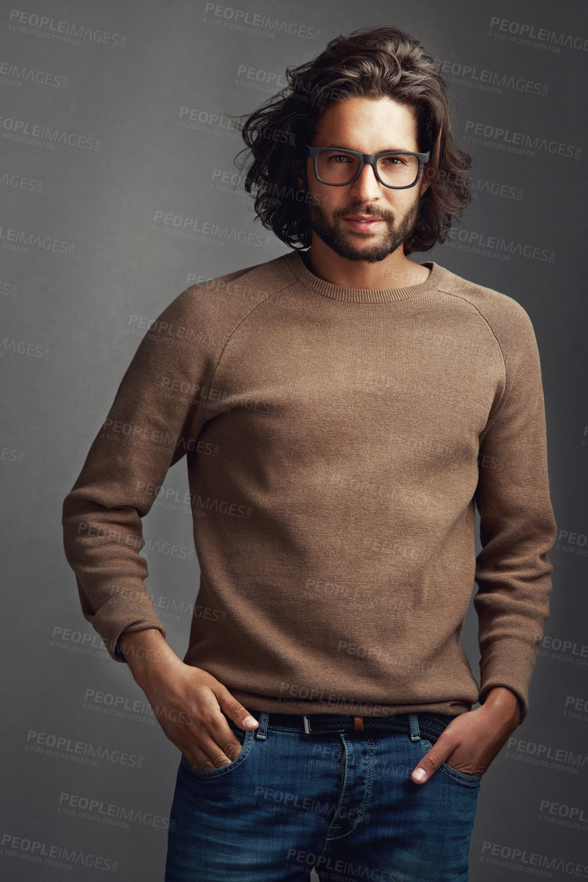 Buy stock photo Man, portrait or glasses in studio for fashion, trendy style or confidence on dark background. Male person, clear vision or new lenses for creativity with designer clothing, aesthetic or hipster look